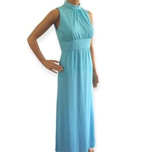 Vintage 70s Blue Sleeveless Maxi Dress Aqua XS